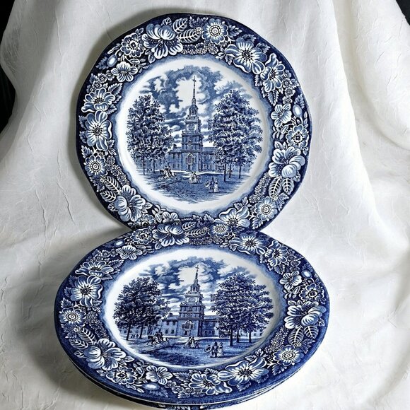 3 Liberty Blue Independence Hall Dinner Plates 10" Staffordshire England Ironsto - Picture 2 of 16